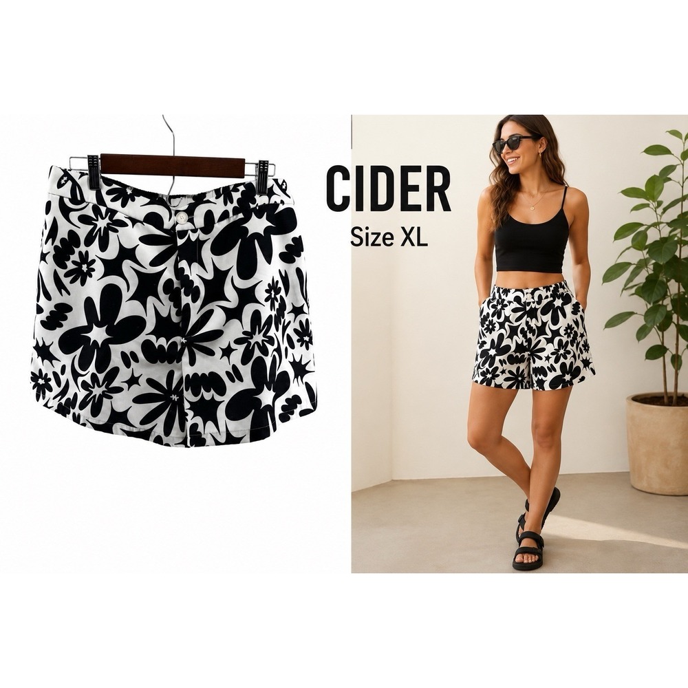 CIDER Floral Shorts Women's XL Black White Retro Mod High Rise Casual Resortwear